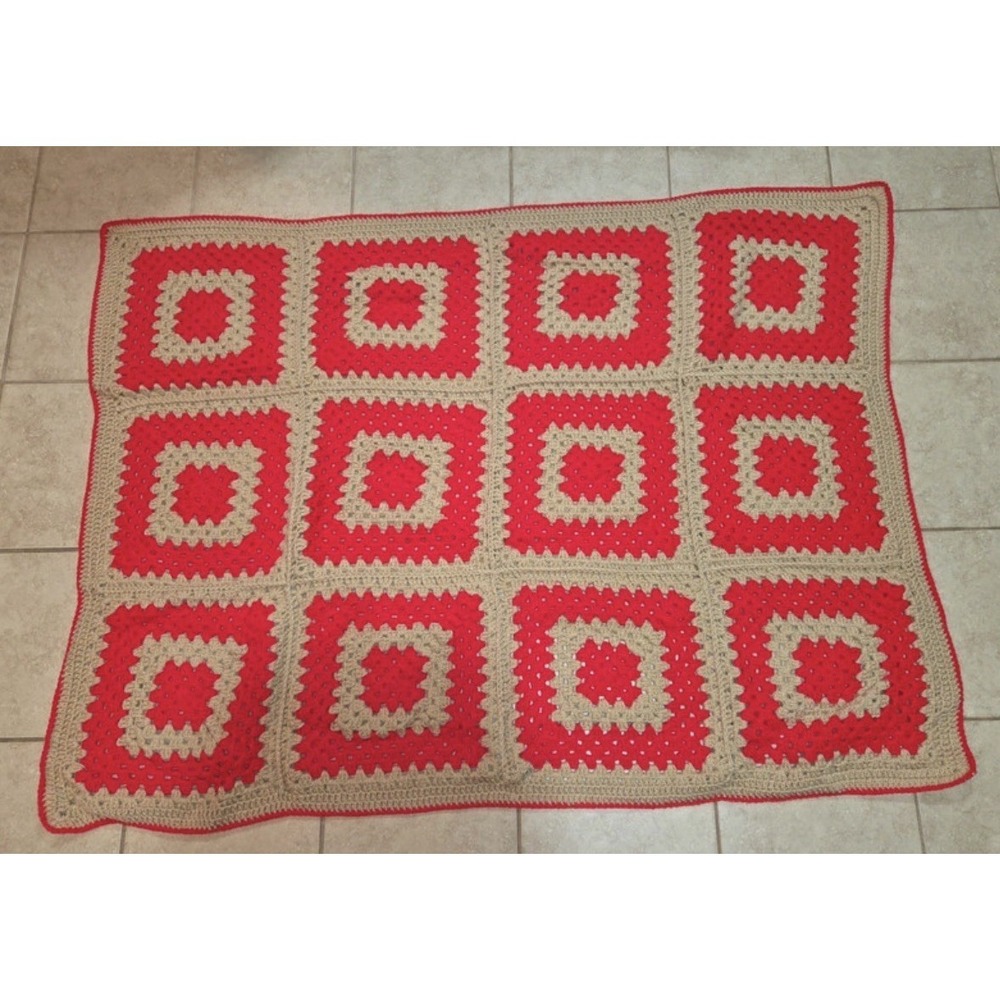 Handmade Crochet Granny Square Afghan Blanket Red Tan Throw 60"x 42" Cottagecore